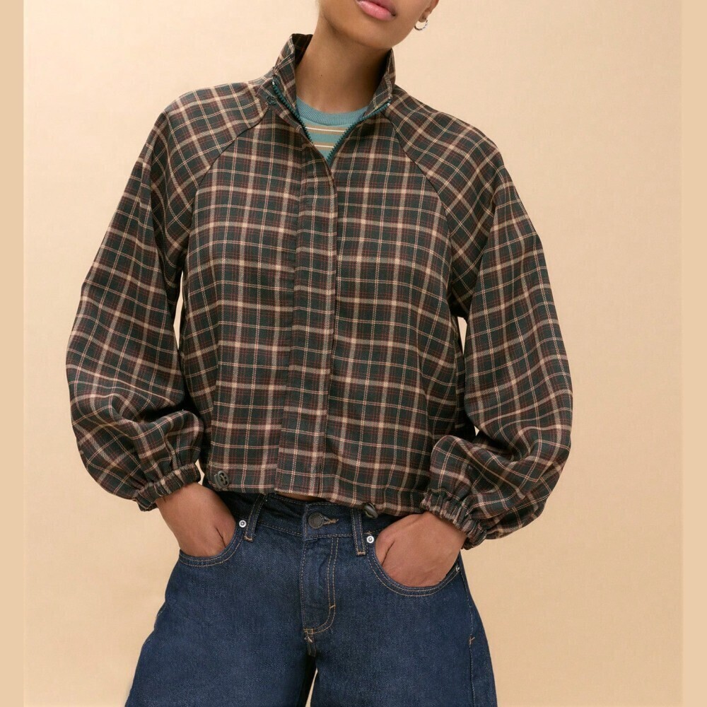 Brown Plaid Zip Front Stand Collar Cropped Blouson Bomber Jacket